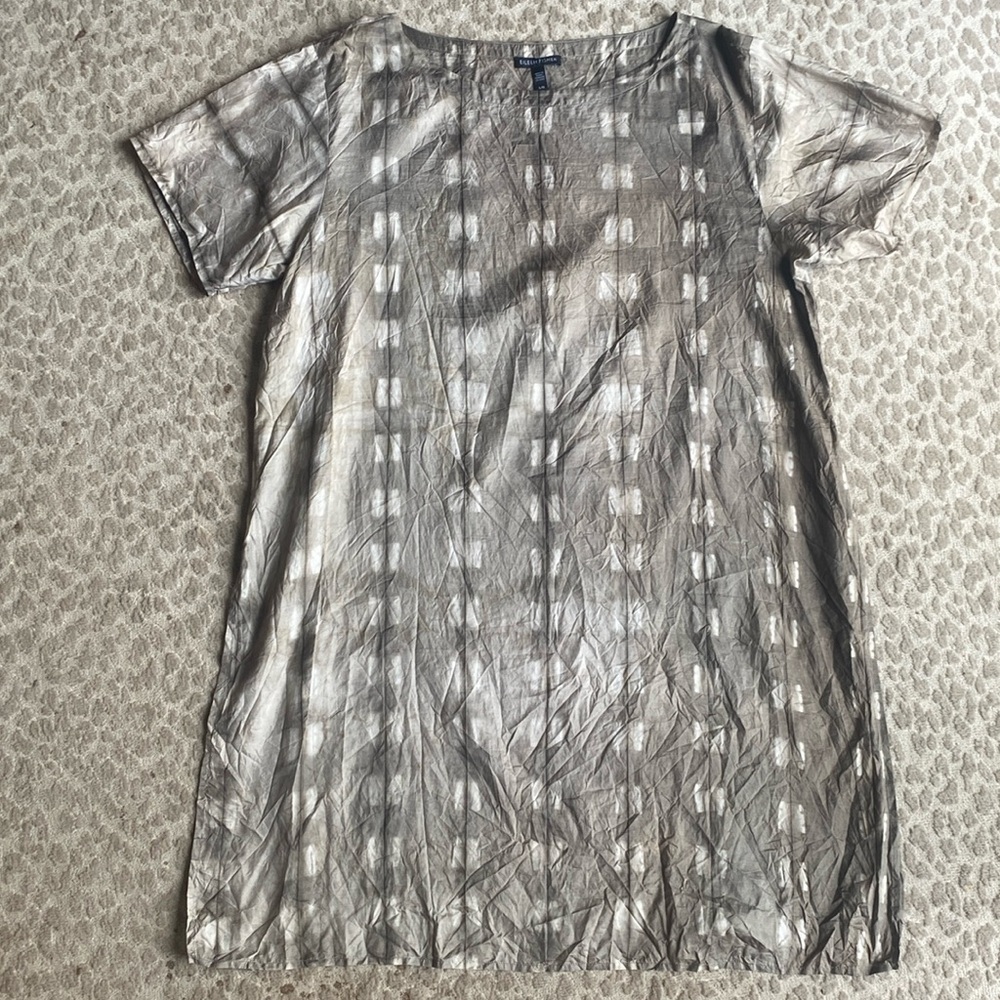 Eileen Fisher 100% Silk Pewter Grey Shibori-Dyed Tunic Kaftan, size L